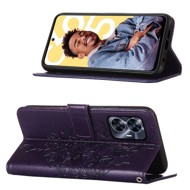 Lederhüllen Für Realme C55 Geldbörse Mit Riemen Und Blumen-schmetterlingsmuster