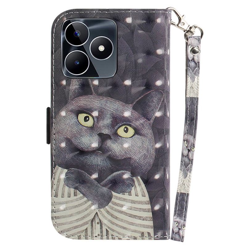 Lederhüllen Realme C53 Handyhülle Grauer Katzenhalter Mit Umhängeband