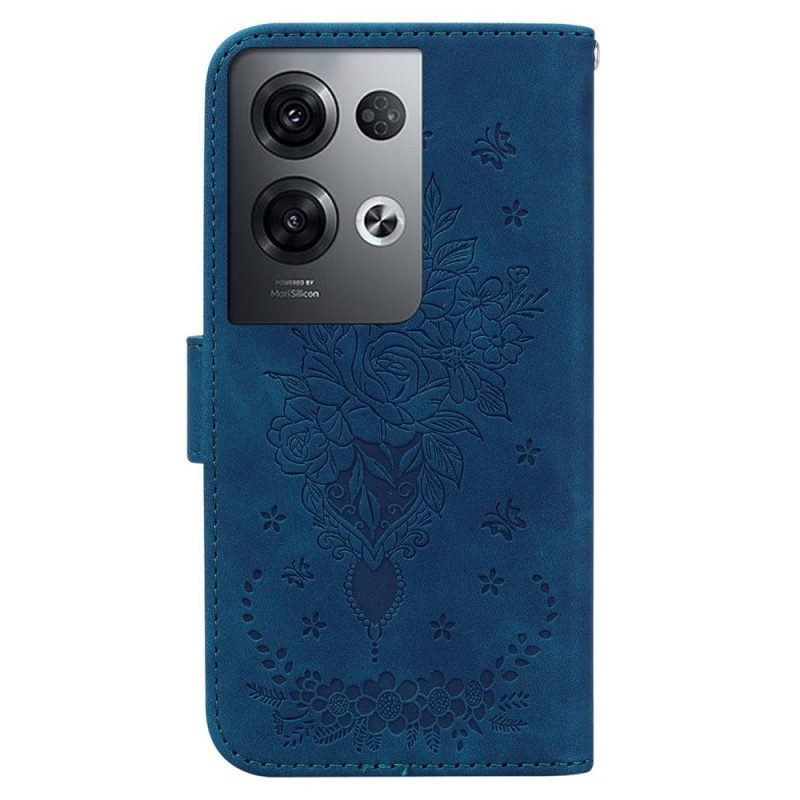 Flip Case Für Oppo Reno 8 Pro Mit Kordel Riemchenrosen Und Schmetterlinge