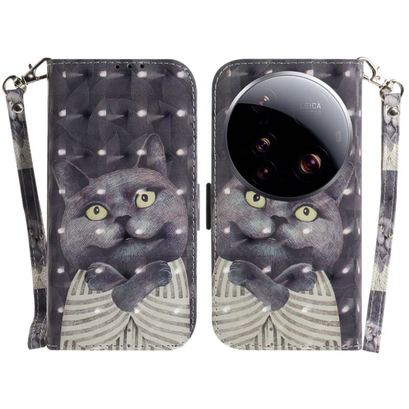 Lederhüllen Für Xiaomi 15 Ultra Graue Katze Mit Umhängeband