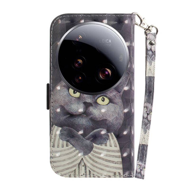 Lederhüllen Für Xiaomi 15 Ultra Graue Katze Mit Umhängeband