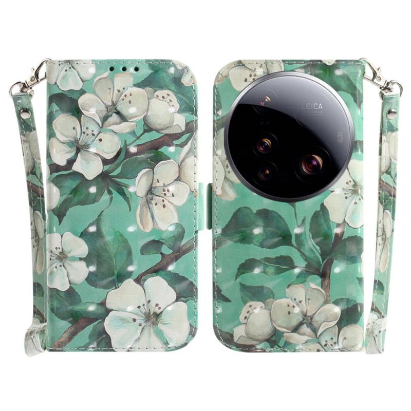 Lederhüllen Xiaomi 15 Ultra Weiße Blumen Mit Umhängeband