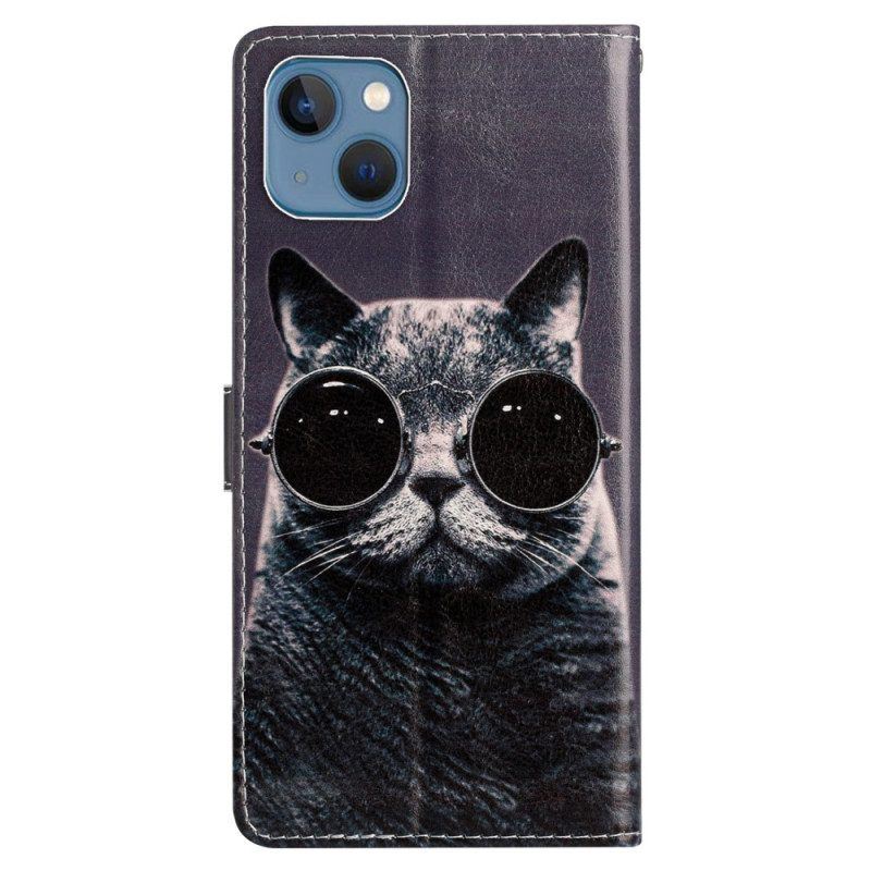 Flip Case Für iPhone 15 Mit Kordel Inkognito-katze Mit Riemen