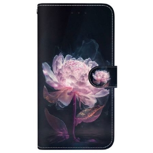 Lederhüllen iPhone 16 Handyhülle Lila Pfingstrose Mit Riemen