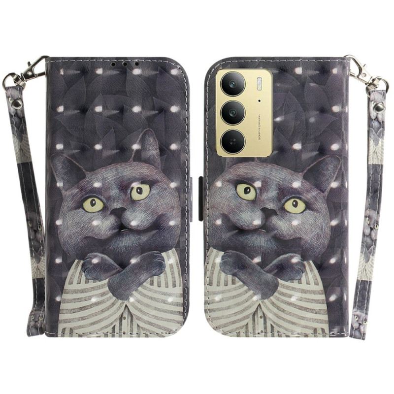 Lederhüllen Realme C75 Graues Katzen-lanyard