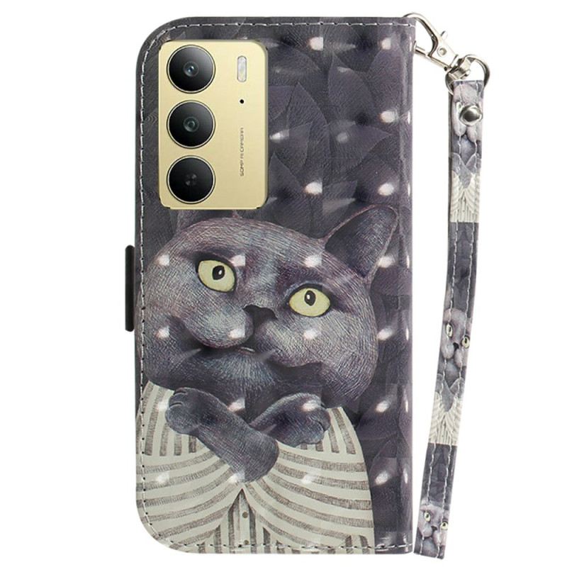 Lederhüllen Realme C75 Graues Katzen-lanyard