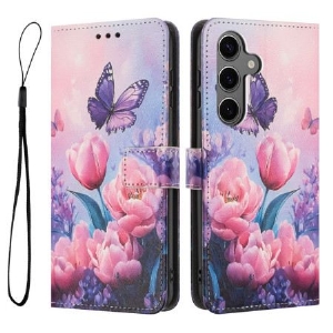 Lederhüllen Für Samsung Galaxy S26 Schmetterling Und Rosa Blumen