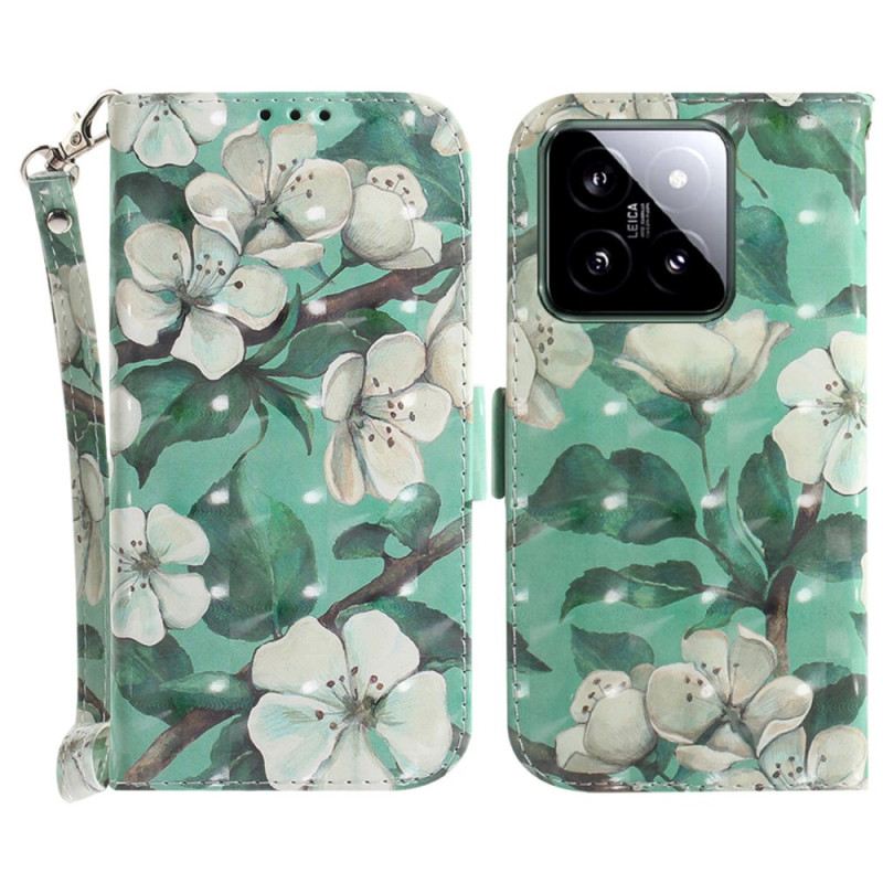 Lederhüllen Für Xiaomi 14 Aquarellblumen Mit Riemen