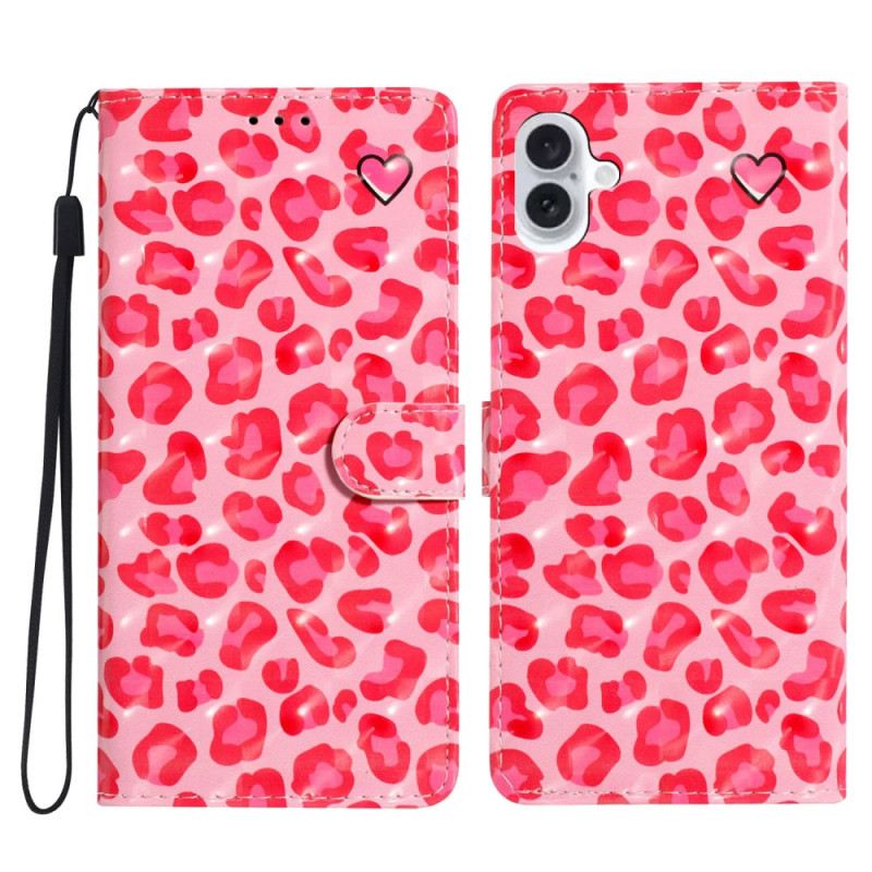 Lederhüllen Für iPhone 16 Plus Rosa Leopardenmuster Mit Riemen
