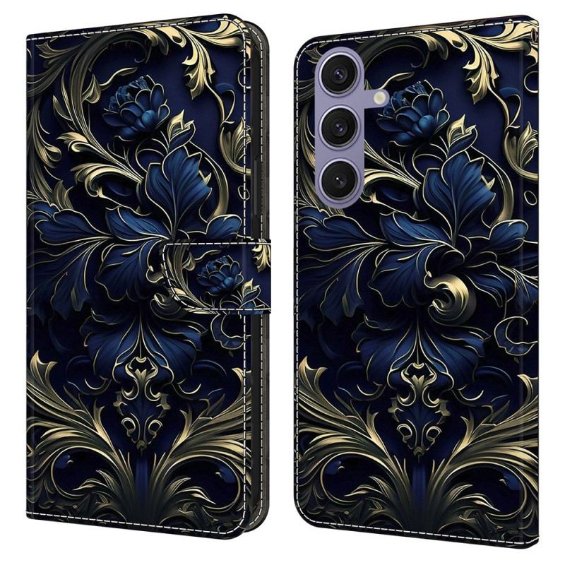 Lederhüllen Samsung Galaxy S25 Plus 5g Handyhülle Metallisch Blaue Blume