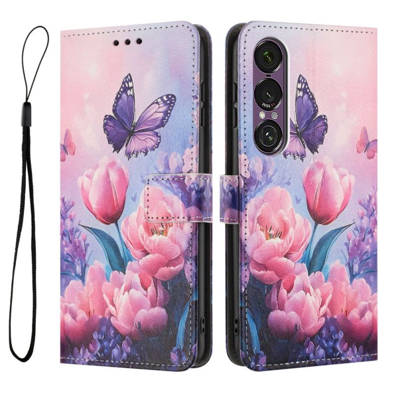 Lederhüllen Sony Xperia 1 Vii Blumen- Und Schmetterlingsmuster