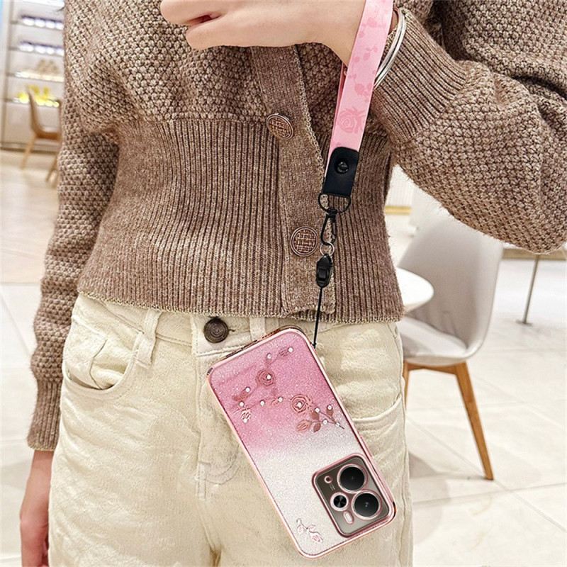 Hülle Für Realme 14 5g Kadem Blumen Und Strasssteine Mit Lanyard