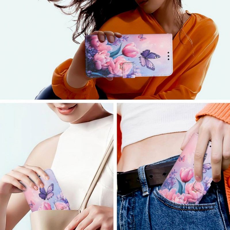 Lederhüllen Realme 14 5g Handyhülle Rosa Blumen Und Schmetterlinge