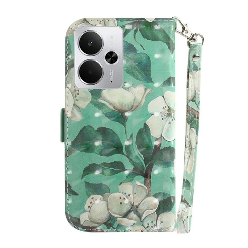 Lederhüllen Realme 14 5g Weiße Blumen Mit Lanyard