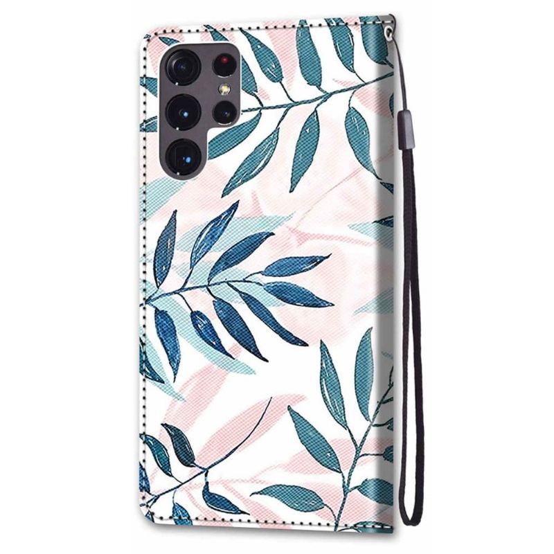 Flip Case Für Samsung Galaxy S22 Ultra 5G Grüne Und Rosa Blätter