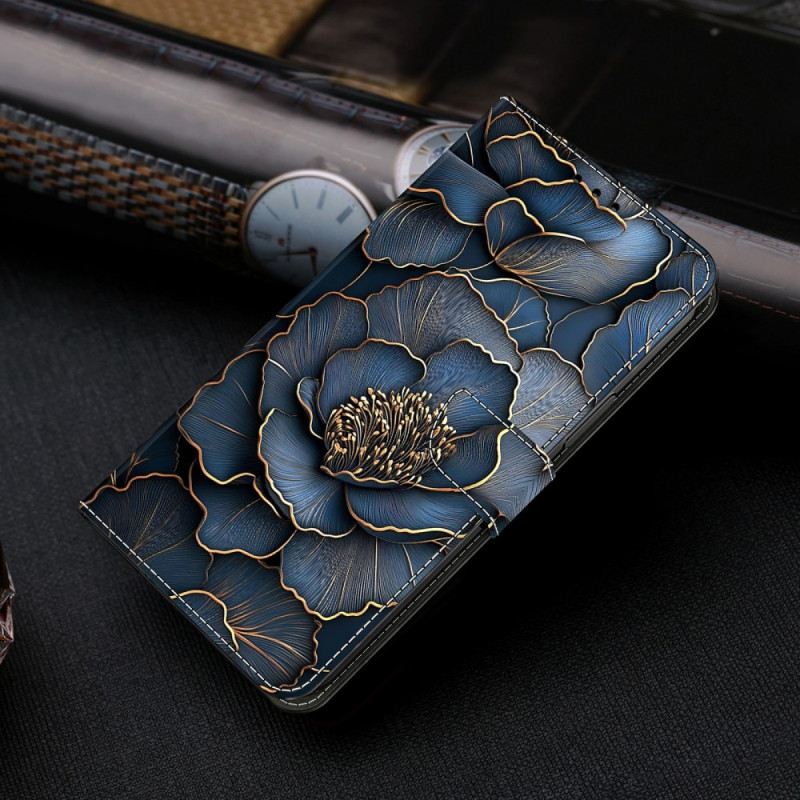 Lederhüllen Xiaomi Redmi Note 15 5g Blau-goldene Pfingstrose