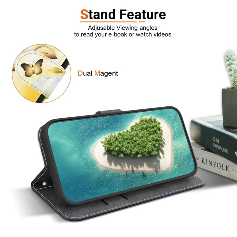 Lederhüllen Xiaomi Redmi Note 15 5g Handyhülle Goldene Schmetterlinge Und Weiße Blumen