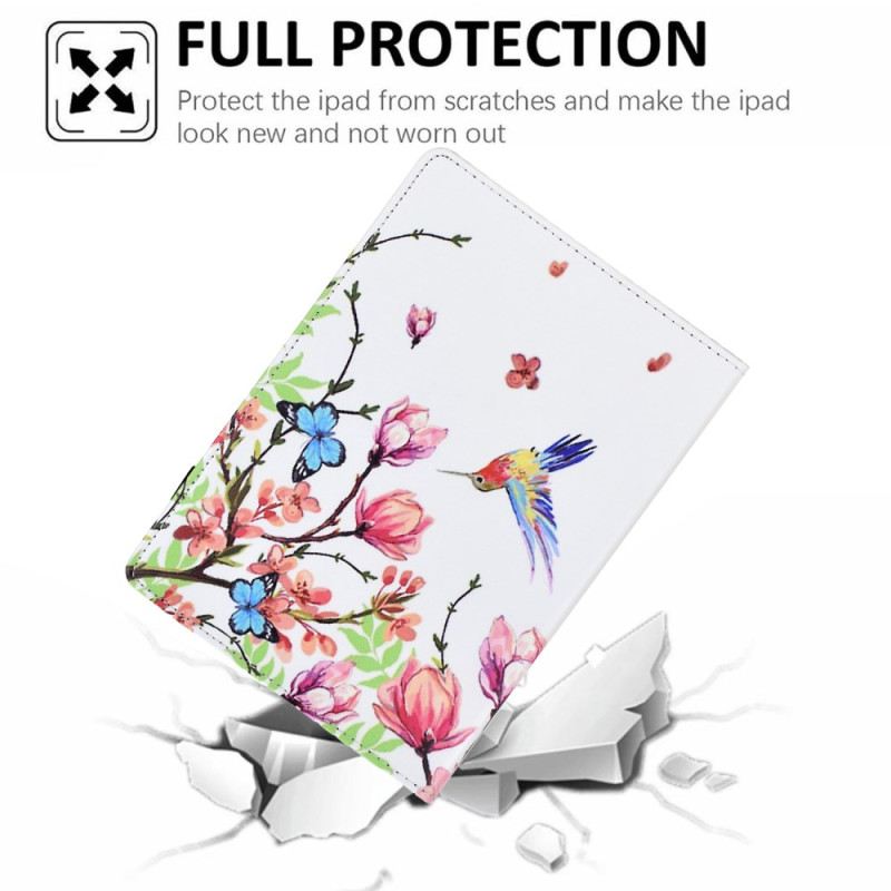 Case iPad (2025) Blumen- Und Vogelmuster
